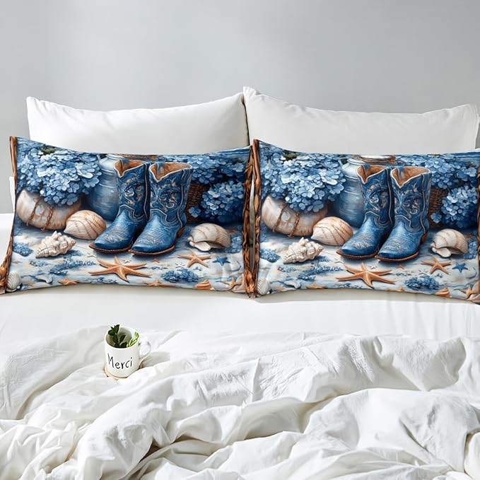 Western Cowboy Fitted Sheet,Blue Tribal Boots Flowers Beach Starfish Shell Conch Soft Decorative Fabric Bedding Rustic Farmhouse Wooden Plank Pocket Twin Size with 1 Pillowcase