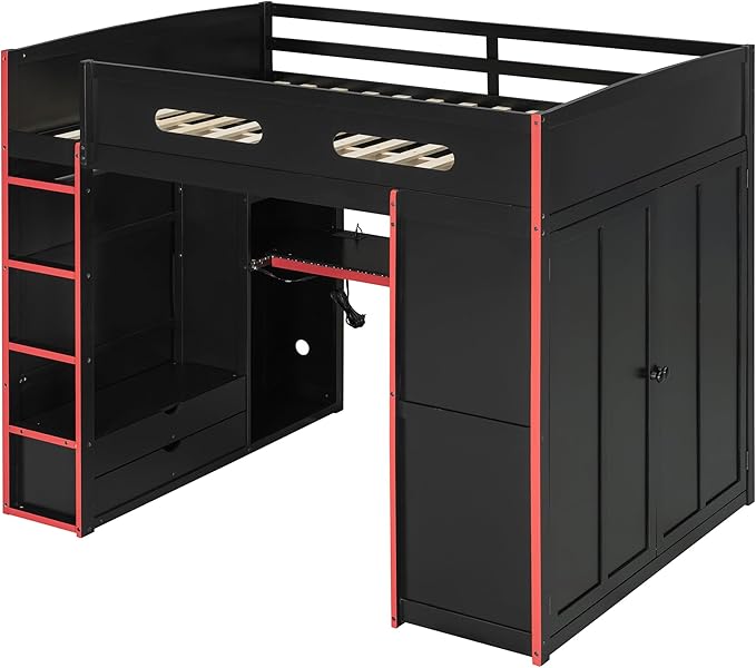 GOWE Full Size Wood Loft Bed with Desk,Wardrobe,Ample Storage Space,and RGB Light, Red(Old SKU:LT000261AAR)