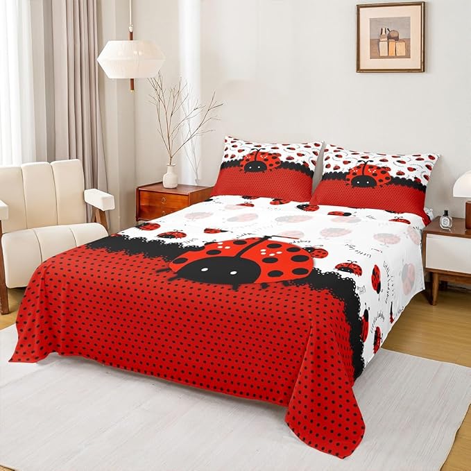 Manfei Ladybug Kids Sheet King Size,Red Black Ladybird Beetle Insect Rustic Girls Boys Bedding Set Decor,Geometric Polka Dots Abstract Cartoon Bed Sheet Set 4pcs(Fitted + Flat + 2 Pillowcases)