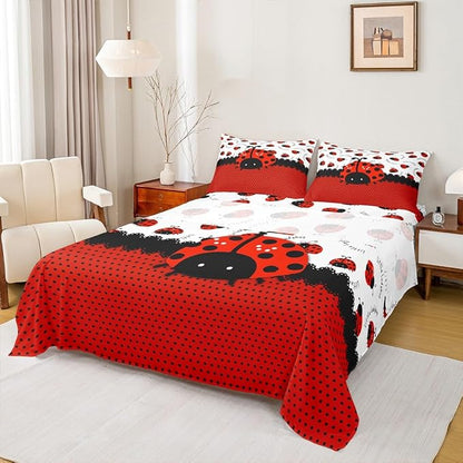 Manfei Ladybug Kids Sheet Twin Size,Red Black Ladybird Beetle Insect Rustic Girls Boys Bedding Set Decor,Geometric Polka Dots Abstract Cartoon Bed Sheet Set 3pcs(Fitted + Flat + 1 Pillowcase)