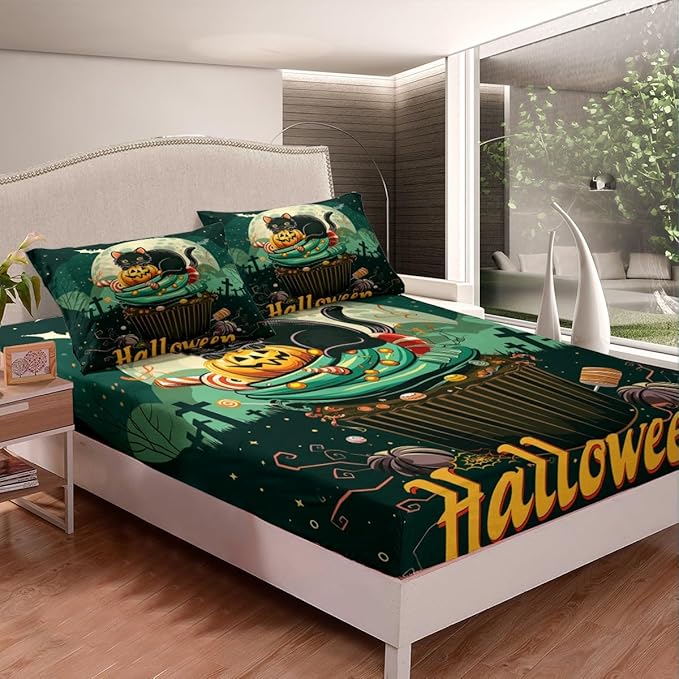 Halloween Bed Cover(1 Fitted Sheet+1 Pillow Case),Sweet Cake Dessert Trippy Bedding Set for Room Decor,Exotic Cat Pumpkin Glitter Starry Moon Sky Green Black Bed Sheet Set,3Pcs Full Size