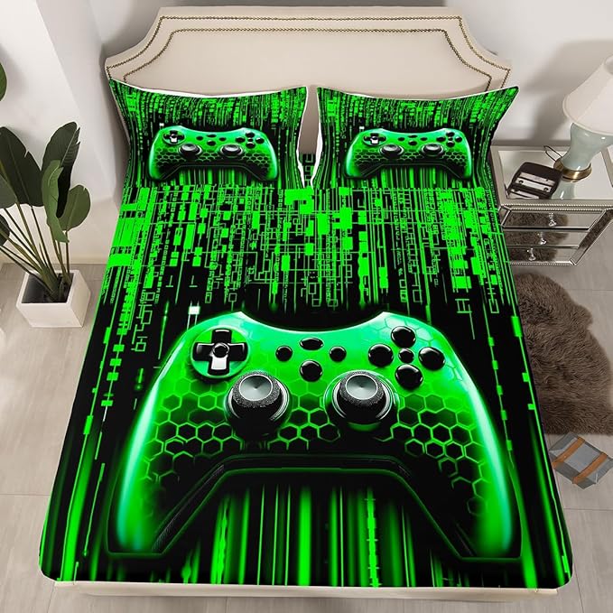 Manfei Gaming Gamepad Kids Sheet Full Size,3D Neon Lights Geometric Bedding Set,Boys Girls Room Decor,Modern Videogames Gamer Controller Green Fashion Bed Sheet Set 4pcs(Fitted + Flat + 2 Pillowcases)