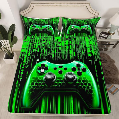 Manfei Gaming Gamepad Kids Sheet King Size,3D Neon Lights Geometric Bedding Set,Boys Girls Room Decor,Modern Videogames Gamer Controller Green Fashion Bed Sheet Set 4pcs(Fitted + Flat + 2 Pillowcases)