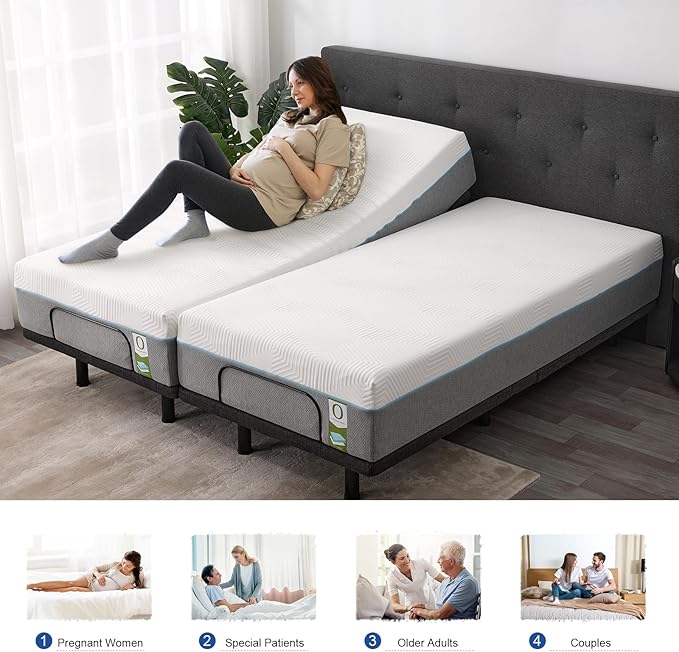 Vipbear Split King Adjustable Beds with Thickened Frame, Adjustable Bed Frame with Pillow-Tilt,Separate Head/Foot Lift,Smart APP Control, Massage, Zero Gravity, Anti-Snore, Wireless Remote,USB Ports