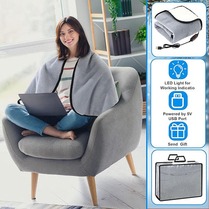 Tuanse 2 Pcs USB Heated Blanket 25"x35" Small Portable 5v 3 Setting Electric Blanket with Timer and Temperature Controller Winter Wearable Recharge Throw for Travel Home(Gray)