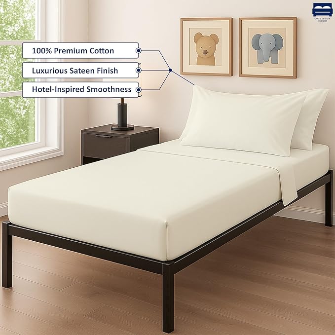 Cot Sheet and Pillow Case 4 Piece Set - 1 cot Fitted Sheet 33" x 75", 1 cot Flat Sheet 64"x 94", 2 Pillow Cases 20"x 30" Perfect for Folding Guest Bed Frame,Rollaway Beds (Ivory Solid)