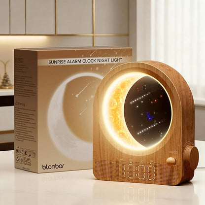 Sunrise Alarm Clocks with Dimmable Moon Lamp, 2 Alarm Clocks with 12Levels Volume for Heavy Sleepers, 10 Natural Sounds with 30/60/90mins Timer for Bedrooms, Gifts for Women (Brown Woodgrain)