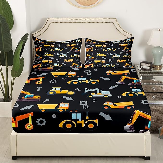 Engineering Vehicle Fitted Sheet Full Size,Construction Bedding Excavator Truck Bedding All-Round Elastic Pocket,Cartoon Yellow Car Kids Bed Sheet 3 Pieces Fits Mattress
