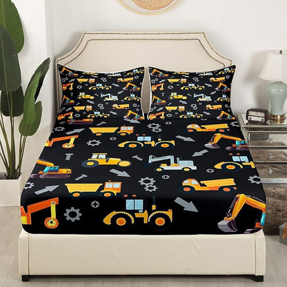 Engineering Vehicle Fitted Sheet Queen Size,Construction Bedding Excavator Truck Bedding All-Round Elastic Pocket,Cartoon Yellow Car Kids Bed Sheet 3 Pieces Fits Mattress