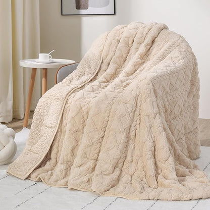 Drewin Fleece Weighted Blanket for Adults (60" x 80" 12lbs, Beige), Dual Sided Cozy Soft Sherpa Bed Blanket for Afternoon Nap, 3D Jacquard Cable Pattern Warm Weighted Blankets for Couch and Bed