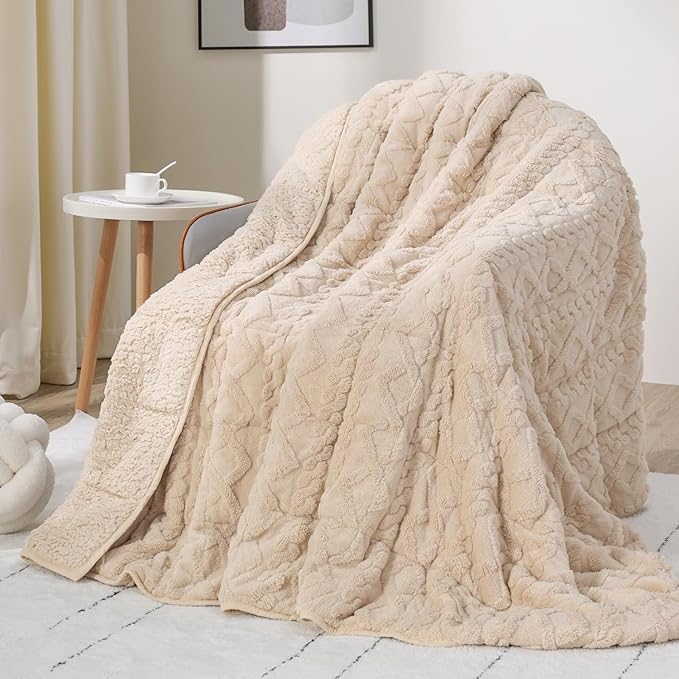 Drewin Weighted Blanket for Adults Queen Size 15 lbs, Soft Fuzzy Jacquard Sherpa Weighted Blankets for Sleeping, Cozy Sofa Bed Blanket for Winter, Beige, 80 x 87 inches