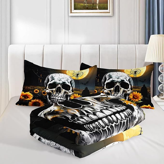 Skull Comforter Set for Gothic Decor Bedroom,Sunflower Floral Bat Print Bedding Twin Size Comforter Set for Kids Boys Girls,Dark Night Halloween Horror Bedding Set with 2 Pillowcases.