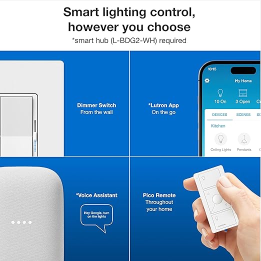 Lutron Diva Smart Dimmer Switch Kit for Caseta Lighting w/ Hub, Pico Remote & Pedestal, Smart Dimmer Works with Apple Home, Ring, Google Home, 3 Way, DVRF-BDG-1DP-A