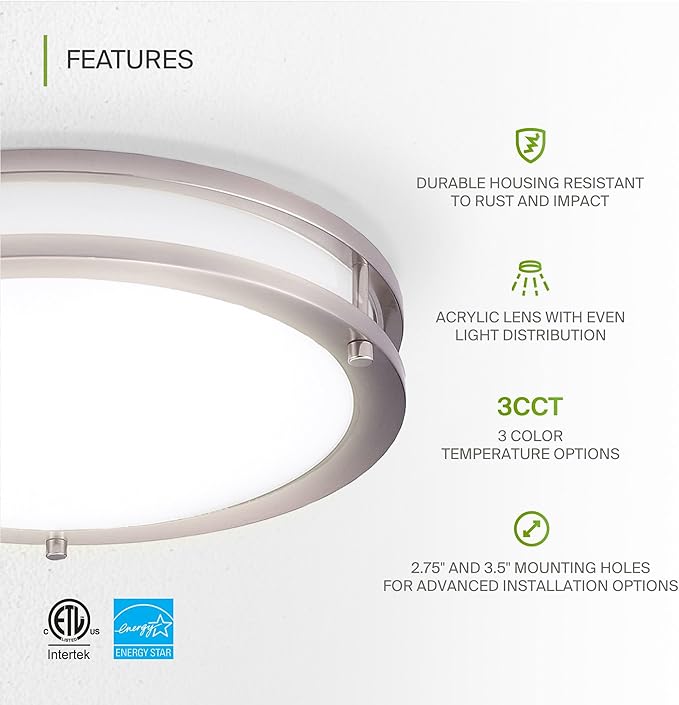 ASD LED 18" Round Flush Mount Lighting, Close to Ceiling Light Fixture | 3CCT, Dimmable, Energy Star, ETL Listed | 28W 2230LM 3000-5000K 120V | Low Profile Double Ring Lamp | Nickel, 4 Pack