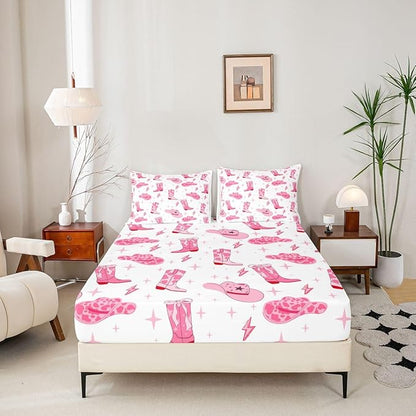 Manfei Western Cowgirl Fitted Sheet Queen Size Cartoon Lightning Pink Cowhide Starry Bedding Sheet Set,Tribal Texas Stars Cowgirl Boots Hats Bed Cover Ultra Soft Breathable Bedding 3 Pcs