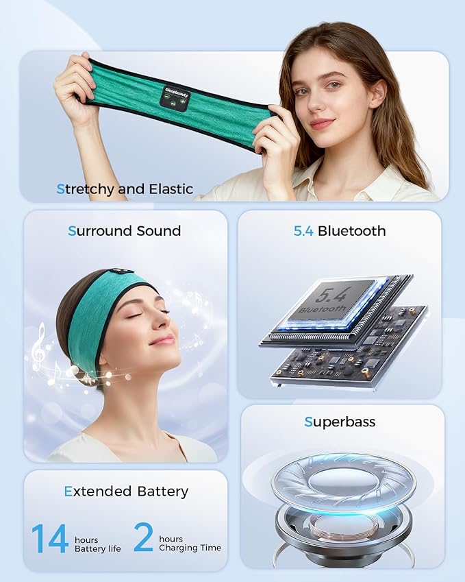 Sleep Headphones Wireless, Bluetooth Sports Headband with Built-in Speakers, Comfortable for Side Sleepers, Workout, Running, Yoga & Travel Long Battery Life, Gift for Men Women