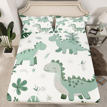 Cartoon Dinosaur Kids Fitted Sheet Queen Size,Palm Leaves Tropical Plants Botanical Bedding Set,Boys Girls Room Decor,Cute Dinosaur Retro Animals Bed Cover,Green Bed Sheet,2 Pillowcases