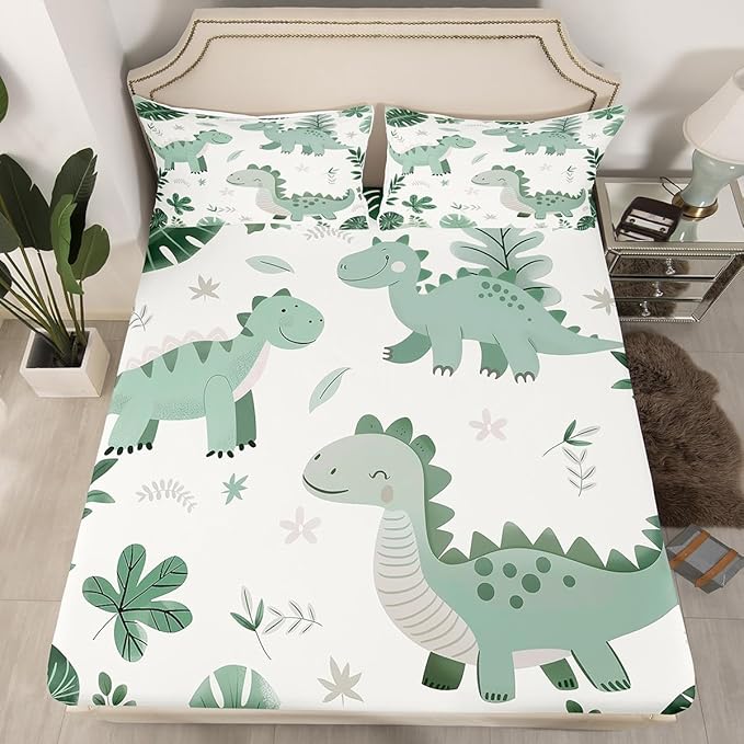 Cartoon Dinosaur Kids Fitted Sheet Full Size,Palm Leaves Tropical Plants Botanical Bedding Set,Boys Girls Room Decor,Cute Dinosaur Retro Animals Bed Cover,Green Bed Sheet,2 Pillowcases