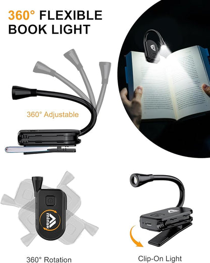 Minsk Book Light, 360° Flexible Book Reading Light, Eye Caring 3 Color Stepless Dimming Brightness Book Lamp, Lightweight Book Light Clip On, Reading Lights for Books in Bed, Book Lovers Gifts