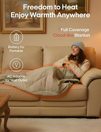 ZonLi Heated Blanket Battery Operated, Wearable Portable Electric Blanket with Rechargeable Battery, 50"x60" Cordless Heated Blanket, Waterproof, Machine Washable(Sage Green)