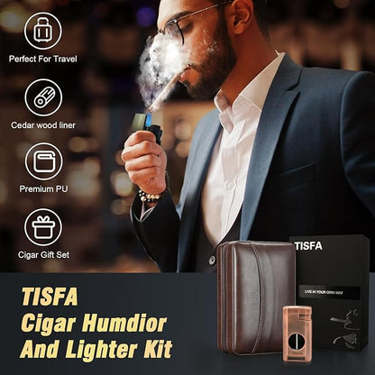 TISFA Cigar Humidor, Leather Cigar Case with Cigar Lighter, Cigar Cutter V Cut, Cigar Stand 3 in 1, Portable Travel Humidor with Humidifier, Cigar Gift Cedar Wood Cigar Box (Dark Brown)