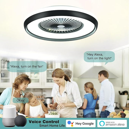 24" Bladeless Ceiling Fan with RGB Light Remote, Smart LED Ceiling Fans with Voice/App Control, Modern Low Profile Dimmable Light Ceiling Fan for Bedroom Living Room