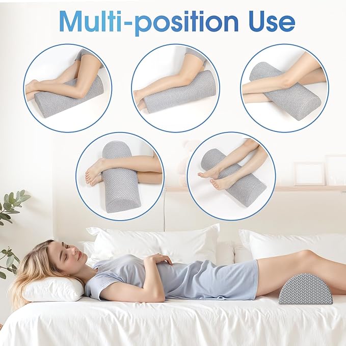 Knee Pillow for Back Sleeping Memory Foam Half Moon Bolster Pillow for Legs, Under Knee Support, Ankle & Foot Comfort Orthopedic Pillow for Side Sleepers (Grey, 22" x 8.7" x 5.3")