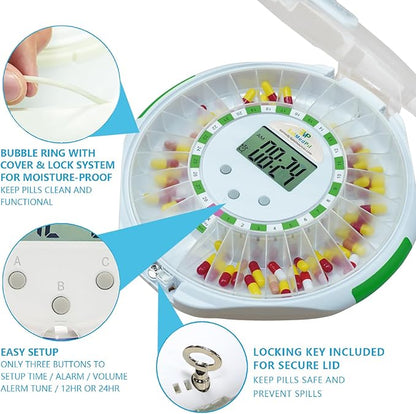 EziMedPil Bluetooth Pill Dispenser w/Audio & Visual Alerts, SmartLife Setup, up to 9 Alarms/Daily, 9 Dosage Templates, LCD Display, Lock Medication Dispenser w/Key for Prescriptions & Vitamins, Clear