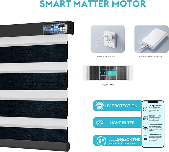 Motorized Zebra Blinds with Remote Smart Blind Work with Homekit Alexa SmartThings Electric Day and Night Shade Cordless Automatic Solar Powered Window Shade Customize(Starry Dark Blue)