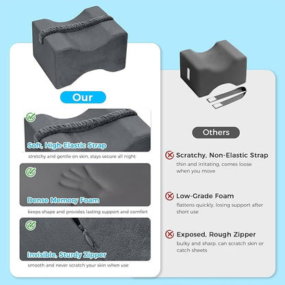 Knee Pillow for Side Sleepers, Memory Foam Leg Pillow with Strap for Side Sleeping, Supportive Elevation Pillow Between Legs for Knee, Ankle Sciatica, Pregnancy, Joint Pain (Gray/Plus)