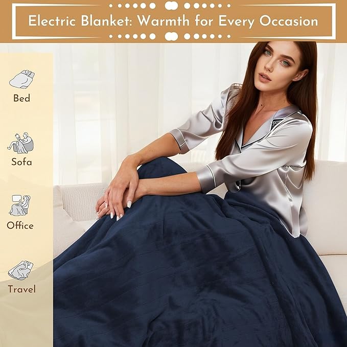 Electric Heated Blanket 50"x60" Throw Size Flannel Heated Blanket, Cozy & Warm for All Night, 5 Heat Settings & 3 Hours Auto Off, Machine Washable, Dark Blue