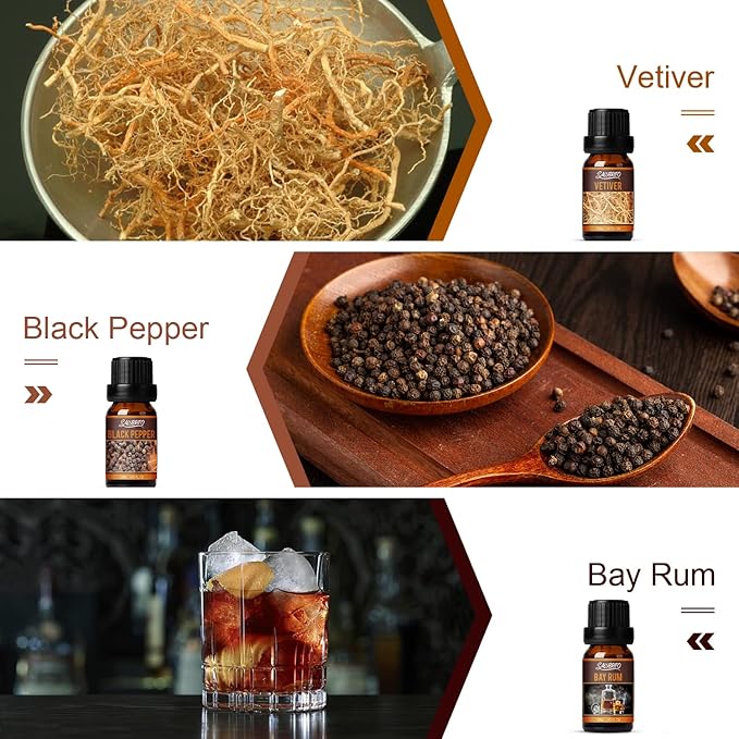 SALUBRITO Men's Club Fragrance Oils, Wood Essential Oil Set for Diffuser, Soap, Candle Making - Sandalwood, Teakwood, Sweet Tobacco, Bay Rum, Black Pepper, Vetiver, Gentlemen Scented Oil