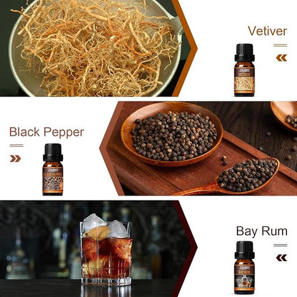 SALUBRITO Men's Club Fragrance Oils, Wood Essential Oil Set for Diffuser, Soap, Candle Making - Sandalwood, Teakwood, Sweet Tobacco, Bay Rum, Black Pepper, Vetiver, Gentlemen Scented Oil
