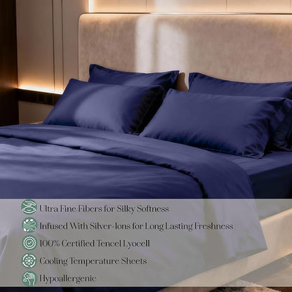 Eucalyptus Sheets - Infused with Silver for Anti-Odor, Softer Than Silk Fibers, More Cooling Than Cotton - Perfect for Hot Sleepers & Sensitive Skin - 100% Tencel Lyocell - Cali-King Sheet Set