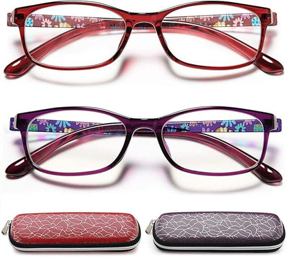 EYEURL Reading Glasses Women Blue Light Blocking - Set of 2 Pattern Design Value Computer Readers (Red+Purple, 2.75)