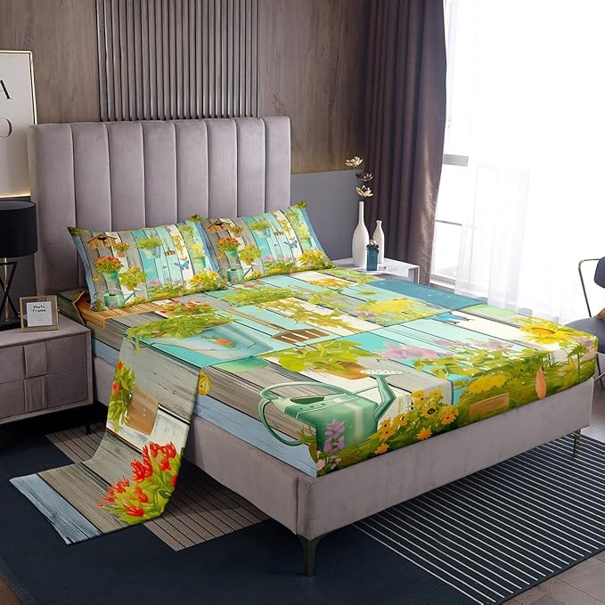 Manfei Gardener Kids Sheet King Size,Gardening Tools Potted Plants Flowers Bedding Set,Boys Girls Room Decor,Wooden Plank Geometric Rustic Green Retro Bed Sheet Set 4pcs(Fitted + Flat + 2 Pillowcases)