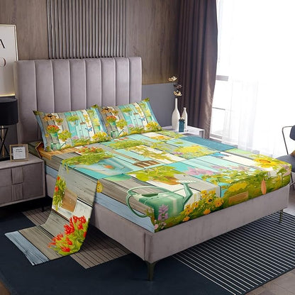 Manfei Gardener Kids Sheet Twin Size,Gardening Tools Potted Plants Flowers Bedding Set,Boys Girls Room Decor,Wooden Plank Geometric Rustic Green Retro Bed Sheet Set 3pcs(Fitted + Flat + 1 Pillowcase)
