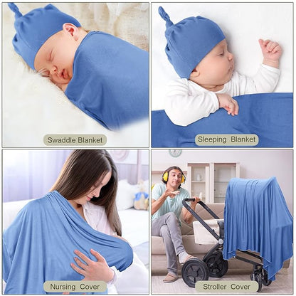 JaGely 2 Pcs Stretchy Baby Swaddle Blankets Set Extra Soft 47" x 47" Baby Newborn Swaddle Blanket and Hat(Blue, Army Green)