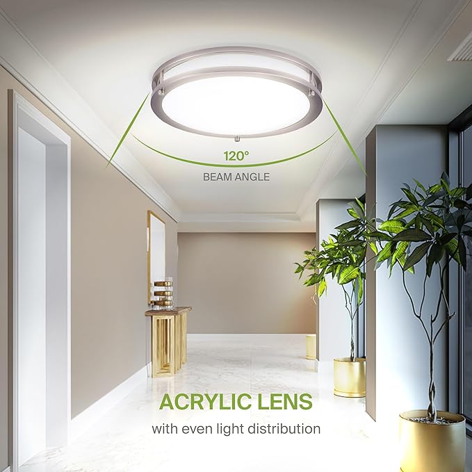 ASD LED 14" Round Flush Mount Lighting, Close to Ceiling Light Fixture | 3CCT, Dimmable, Energy Star, ETL Listed | 21W 1675LM 3000-5000K 120V | Low Profile Double Ring Lamp | Nickel
