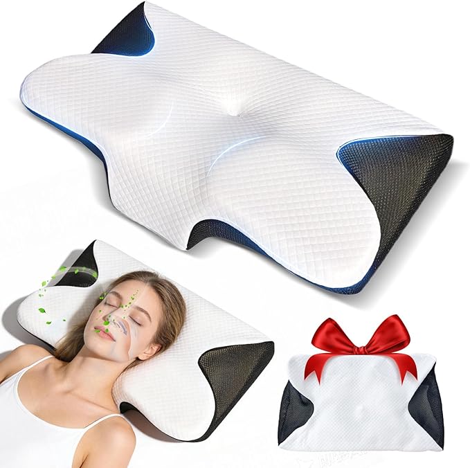 Cervical Neck Pillow for Sleeping Ergonomic Sleep Apnea Pillow with Memory Foam Neck Support Pillow for Back Side Stomach Sleepers with Pillowcase (Black)