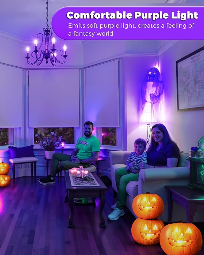 Flaspar 3 Pack E12 LED Purple Light Bulbs, E12 Filament Candelabra Bulb 4W 40W Equivalent, Vintage LED Purple Lights for Christmas Light Bulbs, Porch, Halloween Party, Black Decorative Lighting
