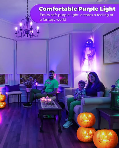 Flaspar 3 Pack E12 LED Purple Light Bulbs, E12 Filament Candelabra Bulb 4W 40W Equivalent, Vintage LED Purple Lights for Christmas Light Bulbs, Porch, Halloween Party, Black Decorative Lighting