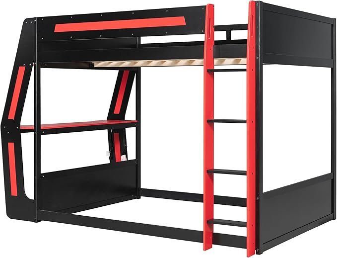 Wooden Bunk Bed with Desk & Charging Station & RGB Light Strip,Full Size Gaming Bunk Bed Frame with Storage Shelves,Safety Guardrails & Ladder for Kids Teens Adults Bedroom,Under-Bed Space,Red