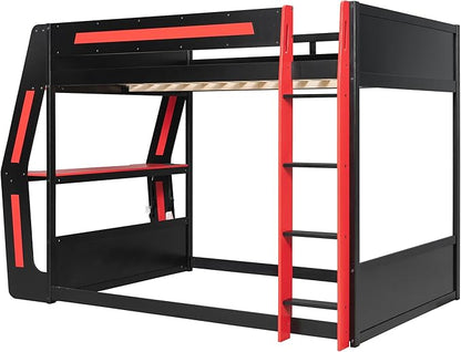 Wooden Bunk Bed with Desk & Charging Station & RGB Light Strip,Full Size Gaming Bunk Bed Frame with Storage Shelves,Safety Guardrails & Ladder for Kids Teens Adults Bedroom,Under-Bed Space,Red