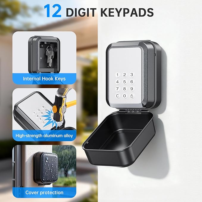 Smart Key Lock Box - Bluetooth APP(Tuya APP) Control & PIN Code, IP65 Weatherproof Wall Mounted Lock Box for Airbnb, Realtor, Home Office, Holds 5 Keys+3 Access Cards