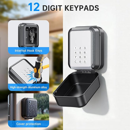 Smart Key Lock Box - Bluetooth APP(Tuya APP) Control & PIN Code, IP65 Weatherproof Wall Mounted Lock Box for Airbnb, Realtor, Home Office, Holds 5 Keys+3 Access Cards