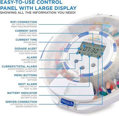 Live Fine Smart WiFi Automatic Pill Dispenser Clear Lid | 28-Day Medication Organizer Up to 9 Doses Per Day for Care Monitoring with Lock Key, Light/Sound Alarms for Prescriptions & Vitamins