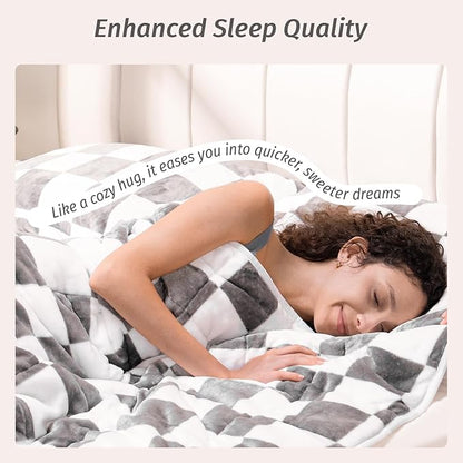 Wemore Flannel Fleece Weighted Blanket for Adult Queen Size 15 lbs, Dual Sided Luxurious Checkerboard Grid Heavy Blankets, Ultra Soft Throw Blanket, Plaid Grey, 60 x 80 inches