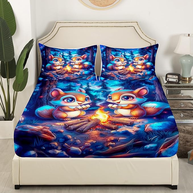 Kawaii Squirrel Kids Fitted Sheet Twin Size,Starry Sky Adventure Camping Campfire Bedding Set,Boys Girls Room Decor,Cartoon Jungle Animal Rustic Bed Cover,Blue Bed Sheet,1 Pillowcase(No Top Sheet)