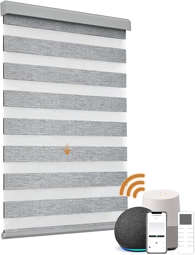 Cordless Motorized Zebra Blinds for Windows Blackout with Remote, Custom Dual Layer Smart Zebra Shades Work with Alexa Google, Automatic Electric Light Filtering Roller Sheer Shades, Grey